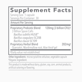 Text listing the ingredients including Bacillus Subtilis Hu58, Bacillus coagulans sc208, Bacillus calusii sc109, Quercetin, Marshmallow root, Aloe Vera Gel