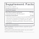 Text listing the ingredients including, Olive, Olea Europaea, Garlic Bulb, Noni fruit extract, Uva Ursi Leaf, Milk thistle seed extract, Cordyceps, St Johns Wort, Dandelion root, Goldenseal root, White Willow bark, Bladderwrack thallus, American Ginseng