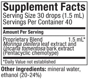 Supplement facts for VitalMedix listing ingredients including Cat's claw (Uncaria tomentosa), Moringa Powder