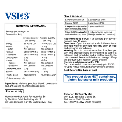 Supplement facts for VSL#3 listing ingredients including Bifidobacterium, Bifidobacterium breve, Bifidobacterium infantis, Bifidobacterium longum, Lactobacillus