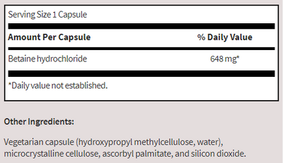 Supplement facts for Betaine HCl listing ingredients including Betaine HCI