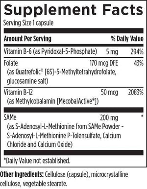 Supplement facts for SAMe listing ingredients including Calcium, Folate, Folate (Quatrefolic), Glucosamine Sulfate Potassium Chloride, L5MTHFR
