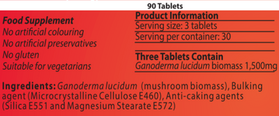 Supplement facts for Reishi-MRL ™ 90T listing ingredients including Ganoderma Lucidum, Reishi, Reishi (Ganoderma lucidum)