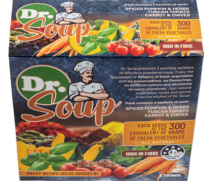 A supplement container of Dr Soup® 6 Single Serve Sachets by Cell Logic