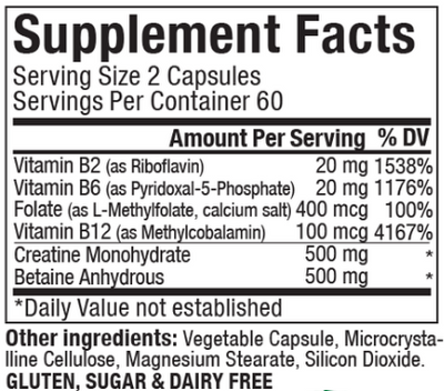 Supplement facts for Methyl Complete listing ingredients including Betaine Anhydrous, Calcium, Creatine Monohydrate, Folate, Vitamin B12