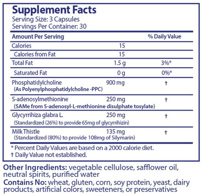 Supplement facts for Liver Flo 90c listing ingredients including Glycyrrhiza glabra, Glycyrrhizinic Acid, Licorice, Methionine, Methionine (L-Methionine)
