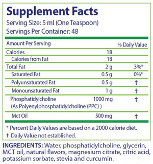 Supplement facts for Phoscol PPC Kids 240 mL Liposome Orange Cream listing ingredients including Glycine, Helichrysum Hydrosol, Indian Frankincense Extract, Lavender Extract, Mct oil