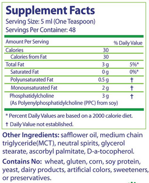 Supplement facts for PhosChol Liquid Concentrate 236.5 mL listing ingredients including Ascorbyl Palmitate, Glyceryl Stearate SE, Magnesium stearate, Magnesium stearate, Mct oil