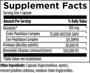 Text describing the ingredients: Glutalytic, Endo-Peptidase Complex, Exo-Peptidase Complex, Protease (bacillus subtilis), Bromelain (Ananas comosus) (stem), capsule (hypromellose, water), microcrystalline cellulose, medium chain trglycerides