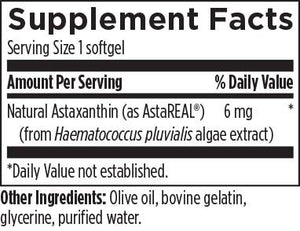 Supplement facts for Astaxanthin listing ingredients including Algae extract, Astaxanthin, Astaxanthin, Haematococcus pluvialis