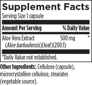 Supplement facts for Aloe 200x listing ingredients including Aloe Barbadensis, Aloe Vera