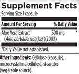Supplement facts for Aloe 200x listing ingredients including Aloe Barbadensis, Aloe Vera