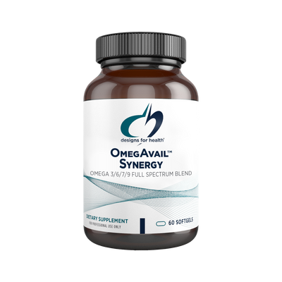 A supplement container of OmegAvail Synergy by Designs for Health - USA