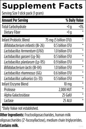 Supplement facts for ProbioMed™ Infant listing ingredients including Alpha galactosidase, Bifidobacterium infantis, Bifidobacterium lactis, Human Milk Oligosaccharides, Lactase