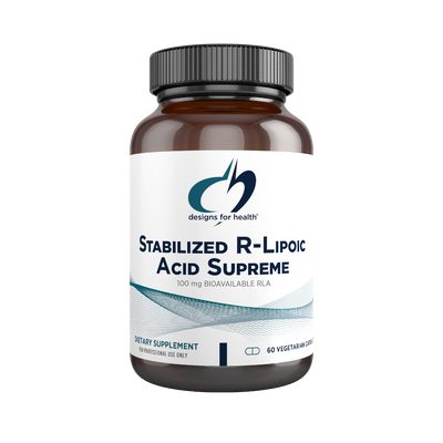 A supplement container of Stabilized R-Lipoic Acid Supreme by Designs for Health - USA