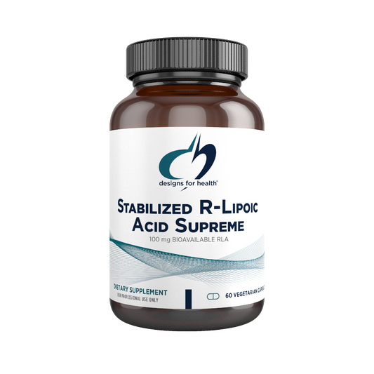 A supplement container of Stabilized R-Lipoic Acid Supreme by Designs for Health - USA