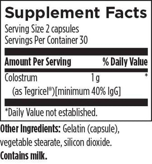 Text listing the ingredients including Colostrum, gelatin (capsules), vegetable stearate, silicion dioxide. 