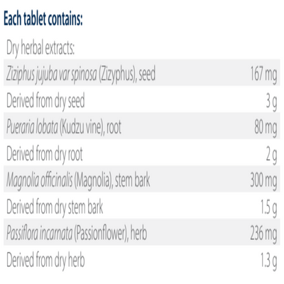 Text listing the ingredients including Ziziphus jujuba var spinosa, Pueraria lobata, Kudzu, Magnolia officinalis, Passiflora incarnata