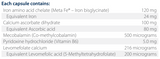 Text listing the ingredients including Iron Amino Chelate, iron bisglycinate, Calcium ascorbate dyhydrate, Mecobalamin, Co-methylcobalamin, Pyridoxine hydrochloride, vitamin b6, Levomefolate calcium, 5-methyltetrahydrofolate