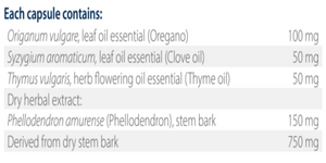 Text listing the ingredients including Origanum Vulgare, Syzygium aromacticum, Clove oil, Oregano, Thyme oil, Thymus Vulgaris, Phellodendron amerense, Phellodendron.