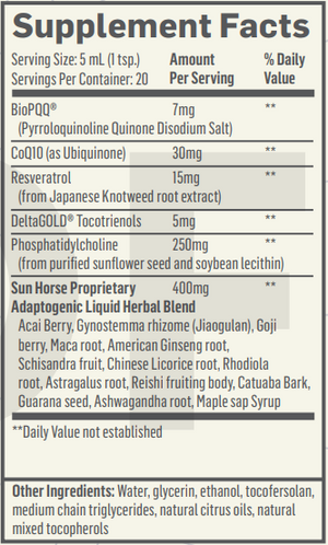 Text listing the ingredients including BioPQQ, Pyrroloquinoline Quinone Disodium Salt, CoQ10, Ubiquinone, Resveratrol, Japanese knotweed, DeltaGOLD Tocotrienols, Phosphatidylcholine, Acai Berry, Gynostemma rhizome, Jiaogulan, Goji berry, Maca root, American Ginseng, Schisandra fruit, Chinese Licorice, Rhodiola, Astragalus, Reishi, Catuaba Bark, Guarana, Ashwagandha, Maple sap