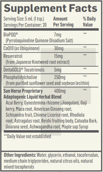 Text listing the ingredients including BioPQQ, Pyrroloquinoline Quinone Disodium Salt, CoQ10, Ubiquinone, Resveratrol, Japanese knotweed, DeltaGOLD Tocotrienols, Phosphatidylcholine, Acai Berry, Gynostemma rhizome, Jiaogulan, Goji berry, Maca root, American Ginseng, Schisandra fruit, Chinese Licorice, Rhodiola, Astragalus, Reishi, Catuaba Bark, Guarana, Ashwagandha, Maple sap