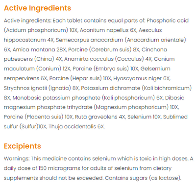 Supplement facts for Cerebrum Compostium Tablets 50 listing ingredients including Anacardium Orientale, Arnica montana, China root (Smilax china), Collagen peptides porcine, Collagen porcine
