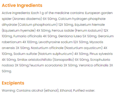 Supplement facts for Lymphomyosot Drops 100mL listing ingredients including Belladonna, Calcium, Calcium Hydrogen Phosphate, Calcium phosphate, Equisetum
