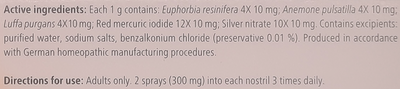 Supplement facts for Euphorbium Comp Nasal Spray 20mL listing ingredients including Pasqueflower (Pulsatilla pratensis)