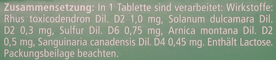 Supplement facts for Zeel Compositum Tablets 250 listing ingredients including Arnica montana, Bloodroot (Sanguinaria canadensis), Poison Ivy (Rhus Toxicodendron), Sulfur