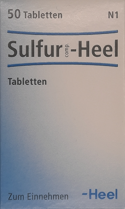 A supplement container of Sulfor Heel Tablets 50 by Heel