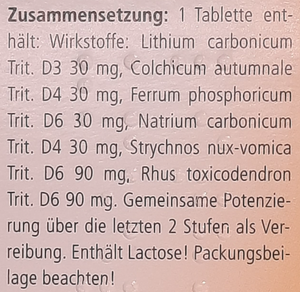 Supplement facts for Lithiumeel Tablets 50 listing ingredients including Lithium, Nux vomica, Poison Ivy (Rhus Toxicodendron)