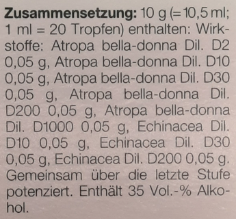 Supplement facts for Belladonna-Homaccord Drops 30mL listing ingredients including Echinacea Angustifolia