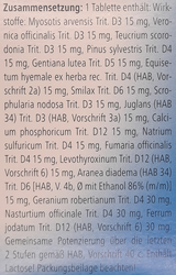 Supplement facts for Lymphomyosot Tablets 100 listing ingredients including Calcium, China root (Smilax china), Equisetum, Gentian Lutea, Geranium Oil