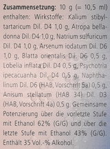 Supplement facts for Tartephedreel Drops30mL listing ingredients including Belladonna, Ethanol, Lobelia Inflata, Pecacuanha