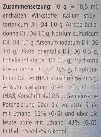 Supplement facts for Tartephedreel Drops30mL listing ingredients including Belladonna, Ethanol, Lobelia Inflata, Pecacuanha
