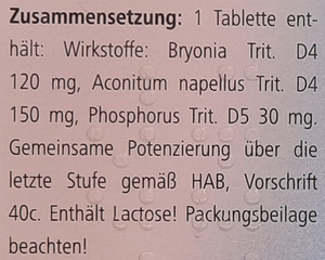 Supplement facts for Bryaconeel Tablets 50 listing ingredients including Phosphorus