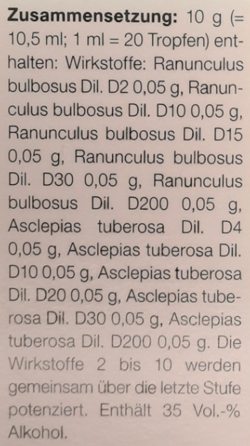 Supplement facts for Ranunculus Homaccord Drops 30mL listing ingredients including Cetyl Alcohol