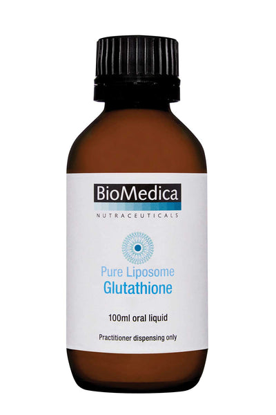 A supplement container of Pure Liposome Glutathione 100ml by Bio-Medica