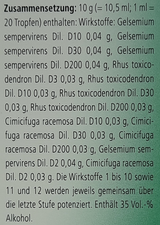 Supplement facts for Gelsemium Homaccord Drops 30mL listing ingredients including Cetyl Alcohol, Cimicifuga Racemosa, Gelsemium Sempervirens, Poison Ivy (Rhus Toxicodendron), Vitamin D3