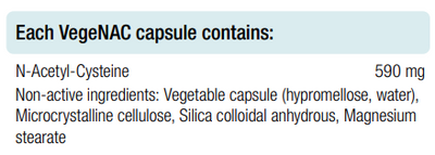 Supplement facts for VegeNAC Capsules listing ingredients including Alpha Lipoic Acid, Cellulose (vegetarian capsule), Cysteine, Magnesium stearate, Microcrystalline cellulose silicified