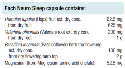 Supplement facts for Neuro Sleep 60 Capsules listing ingredients including Hops, Humulus lupulus, Magnesium, Passionflower (Passiflora incarnata), Valerian root (Valeriana officinalis)
