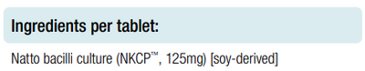 Supplement facts for NKCP 60 Tablets listing ingredients including Natto