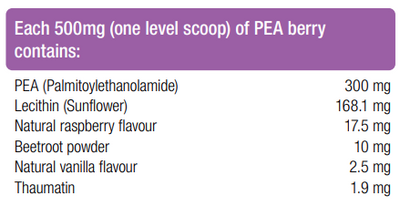 Supplement facts for PEA listing ingredients including Beet extract, Lecithin, Palmitoylethanolamide (PEA / Palmidrol), Raspberry (Rubus idaeus), Sunflower lecithin