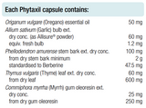 Supplement facts for Phytaxil