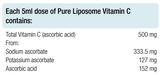 Supplement facts for Pure Liposome Vitamin C 125ml listing ingredients including Ascorbic Acid, Potassium ascorbate, Vitamin C, Vitamin C (sodium ascorbate)