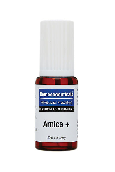 A supplement container of Arnica + Spray 20ml by BioMedica Homoeoceuticals