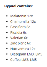 Supplement facts for Hypnol Spray 20ml listing ingredients including Chamomile, Coffea Arabica Seed Extract, Coffea cruda, Matricaria Recutita, Melatonin