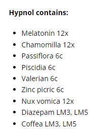 Supplement facts for Hypnol Spray 20ml listing ingredients including Chamomile, Coffea Arabica Seed Extract, Coffea cruda, Matricaria Recutita, Melatonin