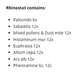 Supplement facts for Rhinostat Spray 20ml listing ingredients including Euphrasia Officinalis, Onion (Allium Cepa)